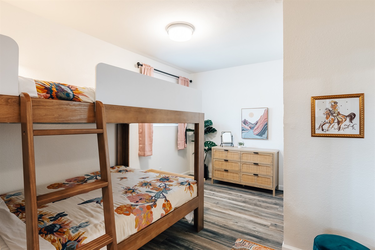 bedroom 3 has two queen beds, dresser, full closet, black out curtain