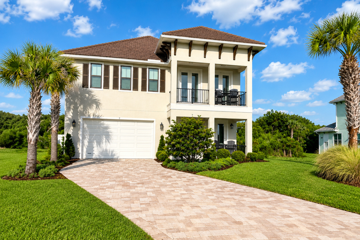 Sun on the stucco, palms overhead, and a paver drive that says you've arrived somewhere special. This is the home that gathers your family in—porch rockers for slow mornings, a balcony for golden evenings, and room for everyone in between.