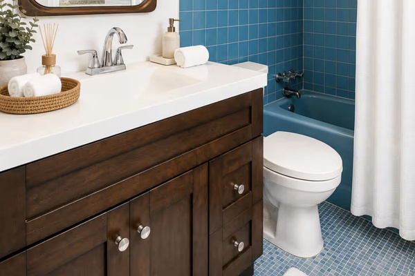 Modern bathroom with custom vanity and upscale finishes