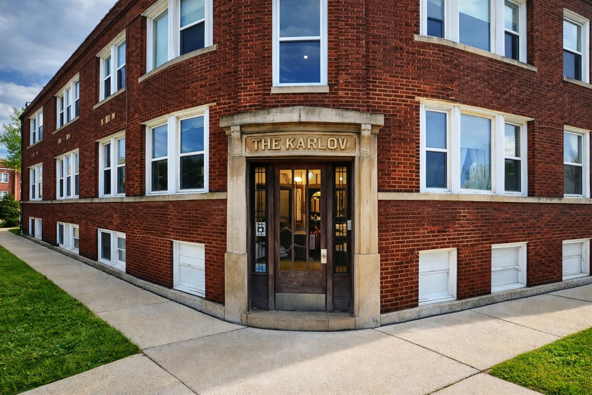 The Karlov Inn — classic Chicago brick building with secure entry in safe residential neighborhood.