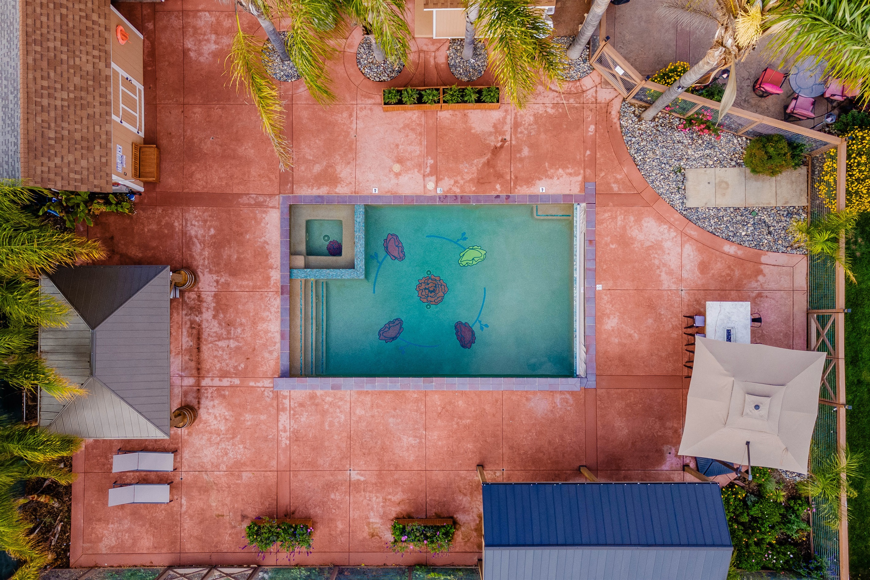 Our new pool, hot tub, BBQ, fire table, and gazebo.