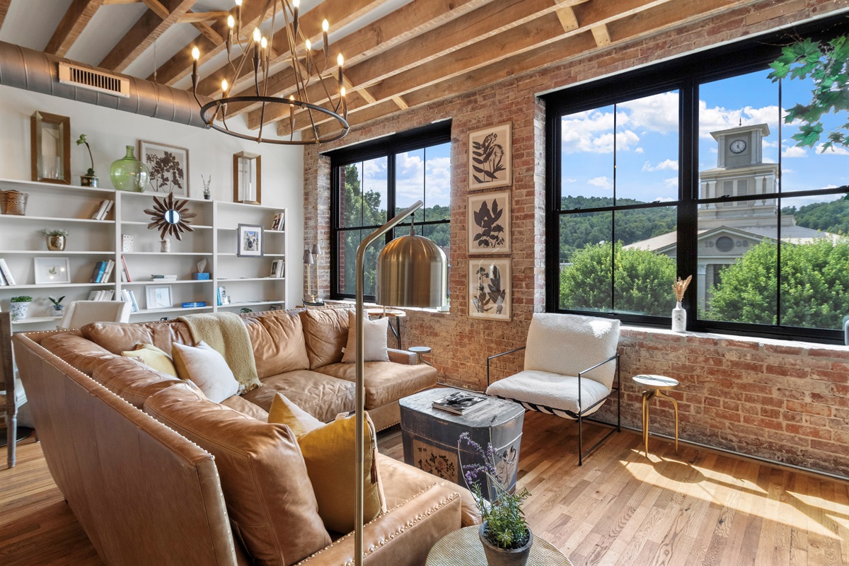 Living room with town views