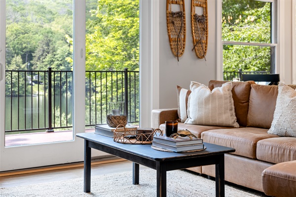 Living room view and deck.