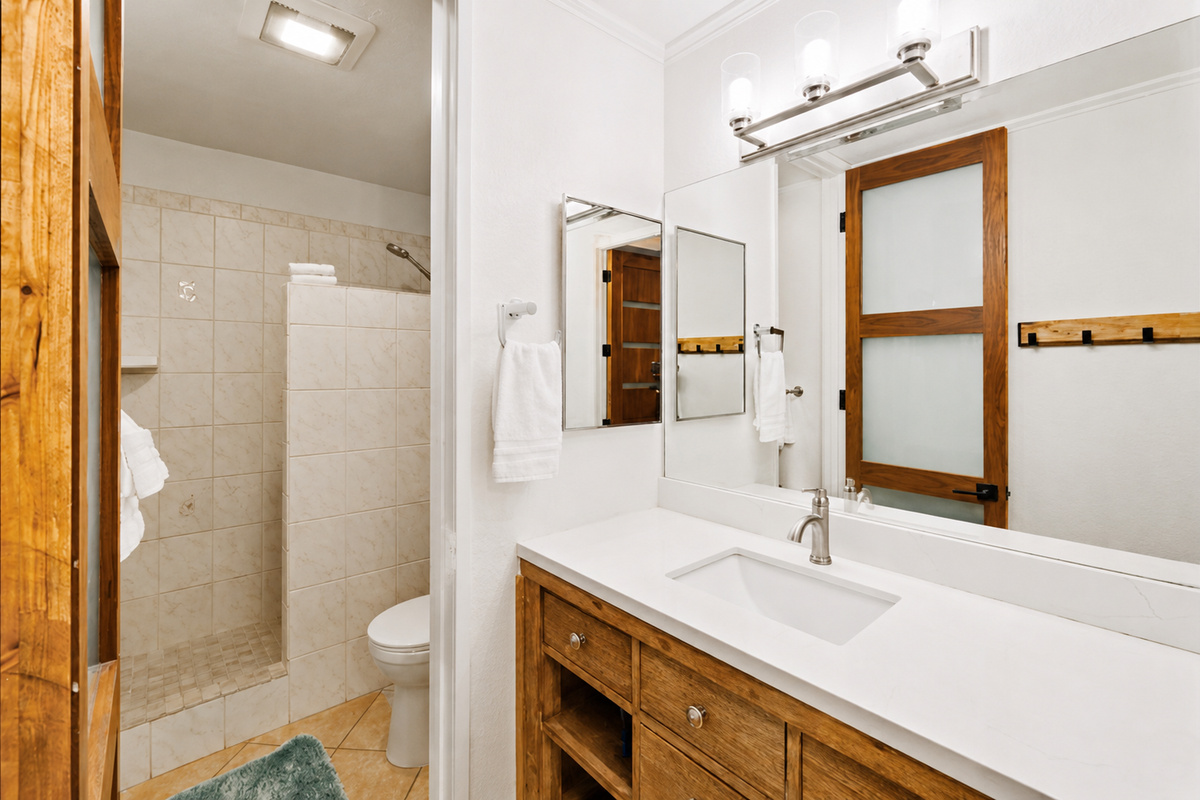Large bathroom with walk-in shower