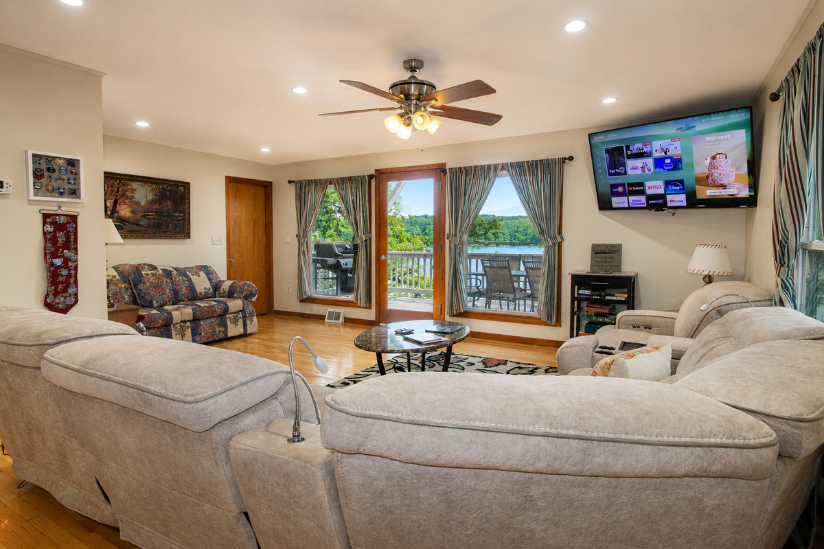 Rain or shine, the view of the lake from the open living room is amazing!