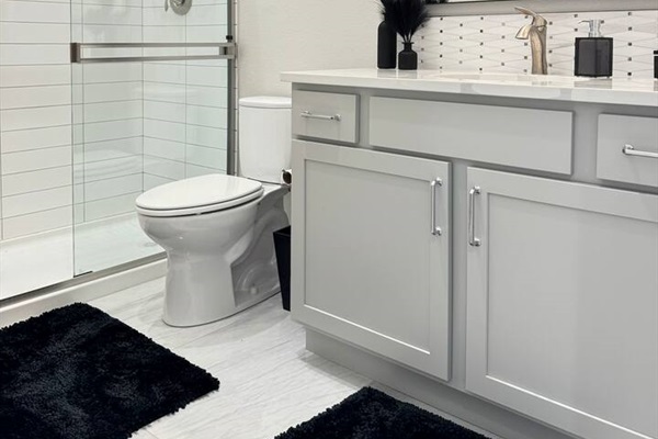 Walk-in shower, toilet, sink, towels, and basic toiletries. 