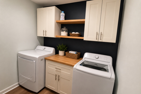 Convenient laundry room with full-size washer and dryer, plus counter space for longer stays.