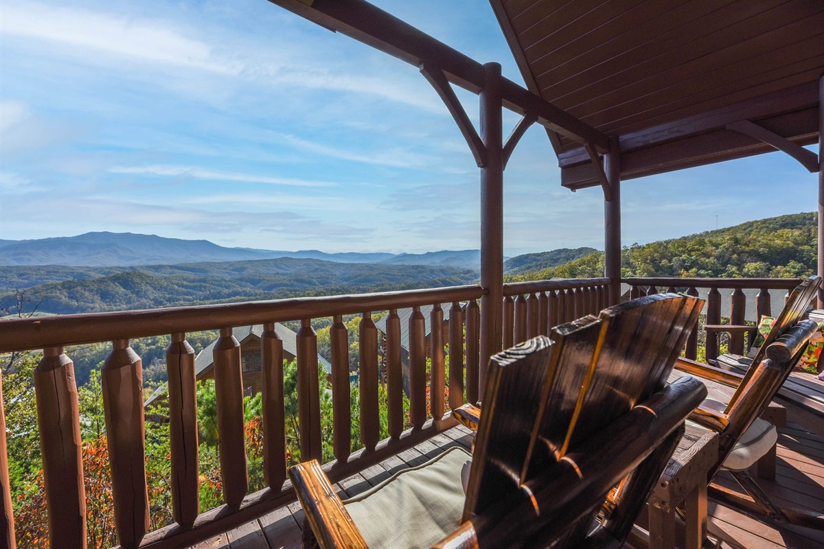- Sit back in rustic rocking chairs overlooking endless Smoky Mountain vistas   - Perfect for morning coffee, reading, or catching the sunset glow   - Breathtaking scenery creates a peaceful mountain experience every time