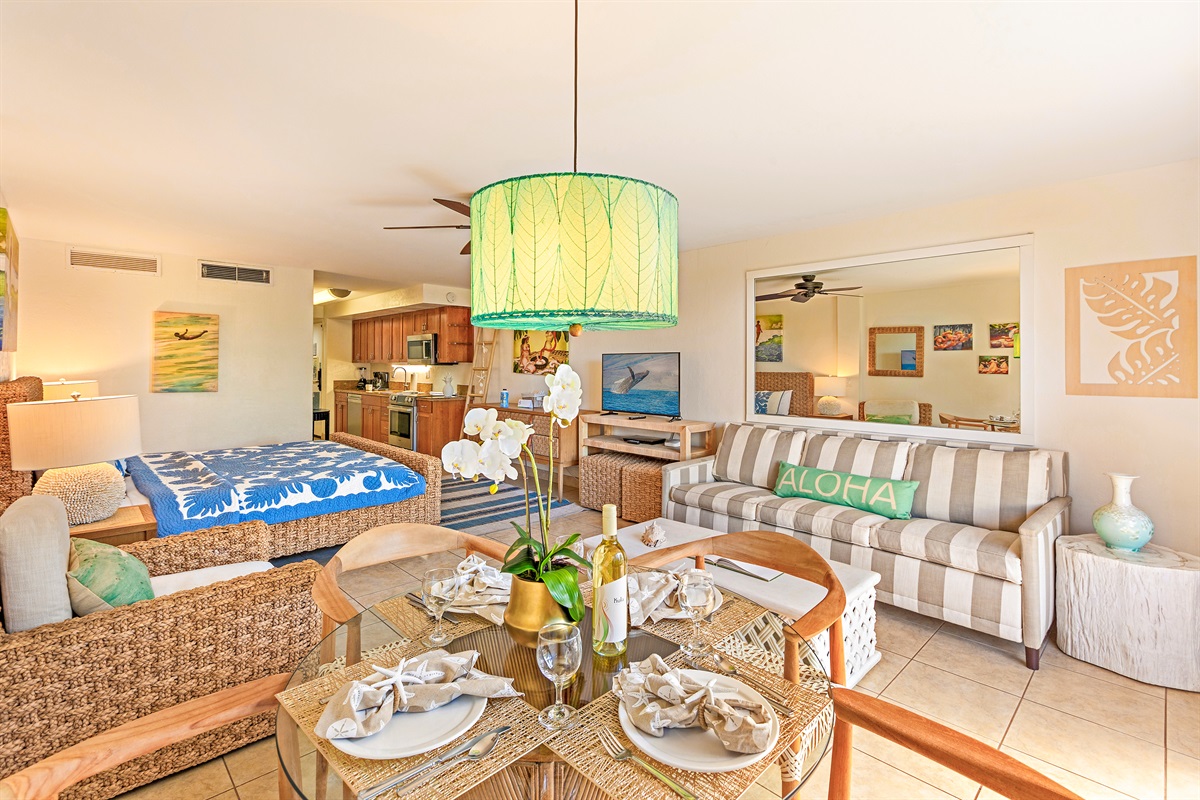 Soft lighting creates a welcoming island vibe