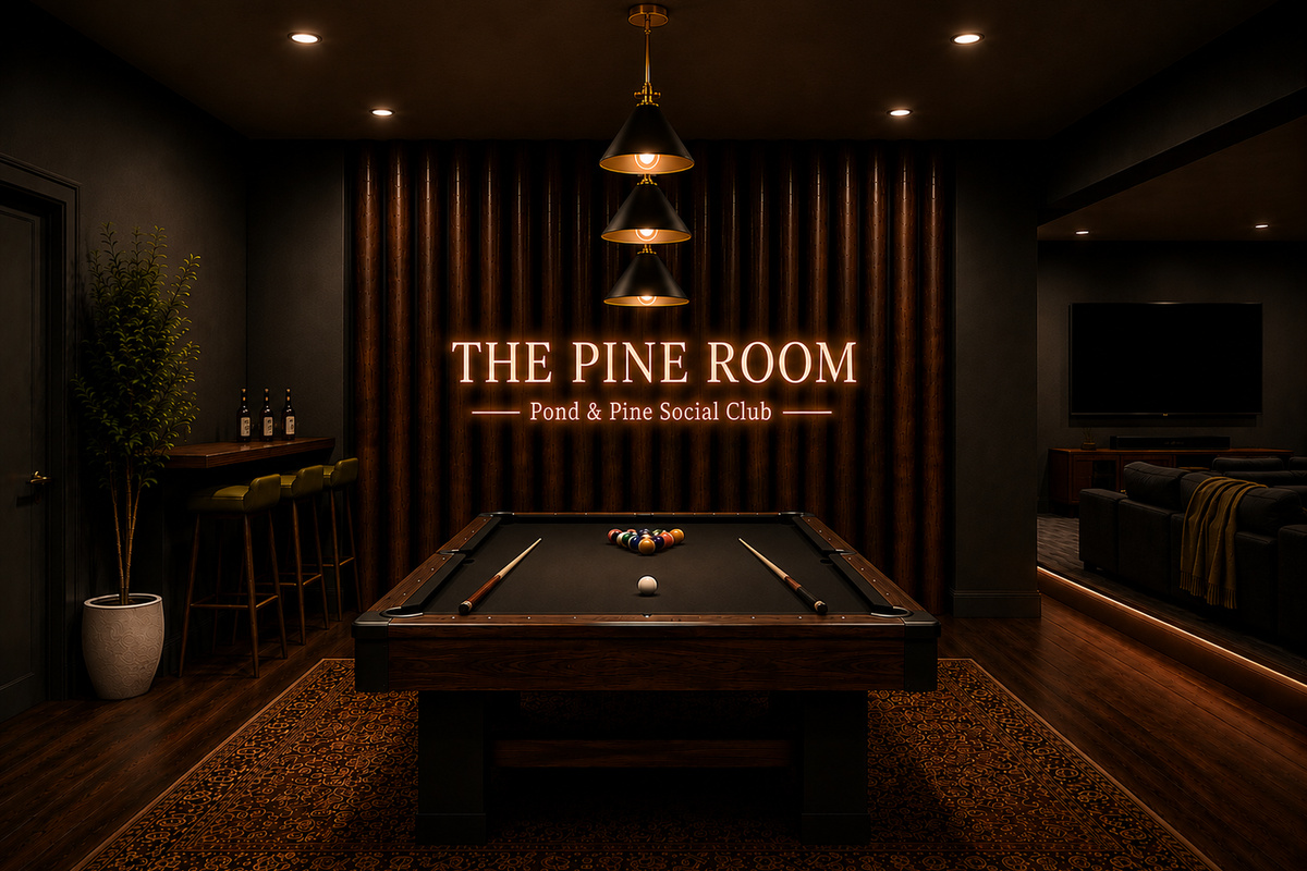 Detached entertainment lounge design preview only - featuring a pool table and theater. Currently being completed by August 30, 2026, with actual photos updated shortly after.
