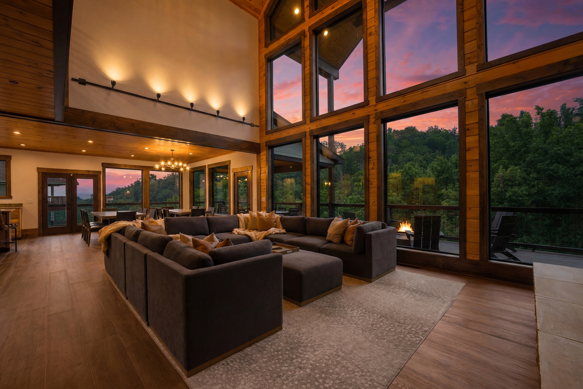 Gather beneath 30-foot vaulted ceilings surrounded by a wall of windows. Relax on the large sectional sofa beside the luxury fireplace with stunning floor-to-ceiling stone, creating a warm and unforgettable mountain lodge atmosphere.