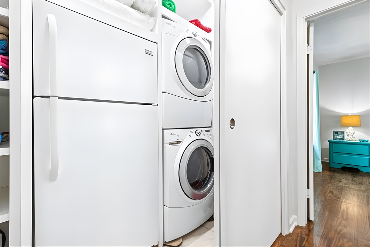 A convenient washer and dryer setup makes it easy to keep your clothes fresh, whether you're staying a weekend or an extended getaway.