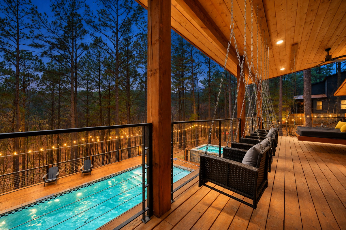 Sway beneath the porch lights while the pool shimmers below.