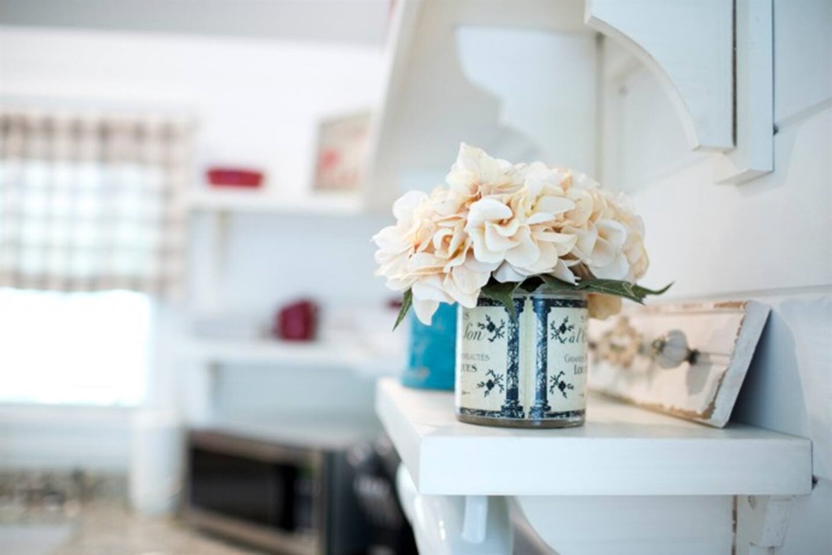 open shelving in the kitchen of rustic farmhouse