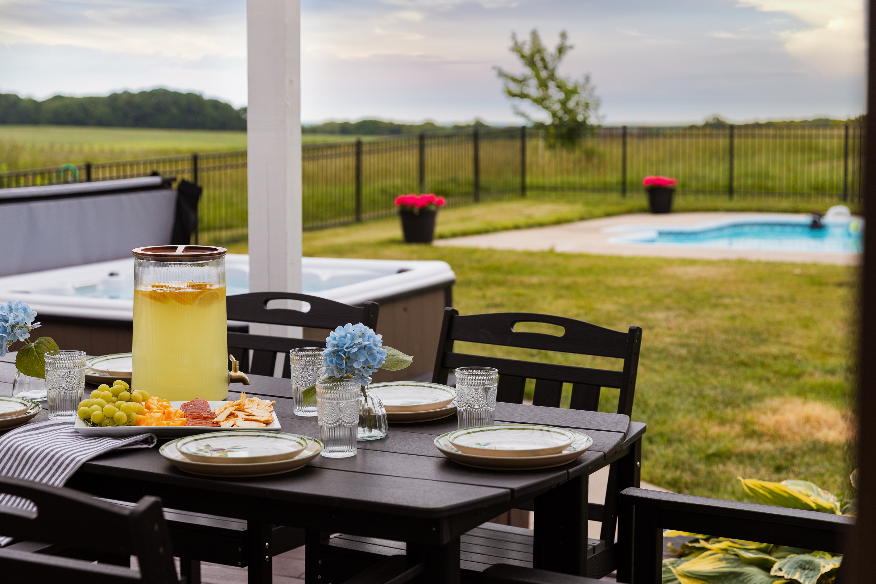 Dinner for 12 on the deck over looking the pool and orchard.