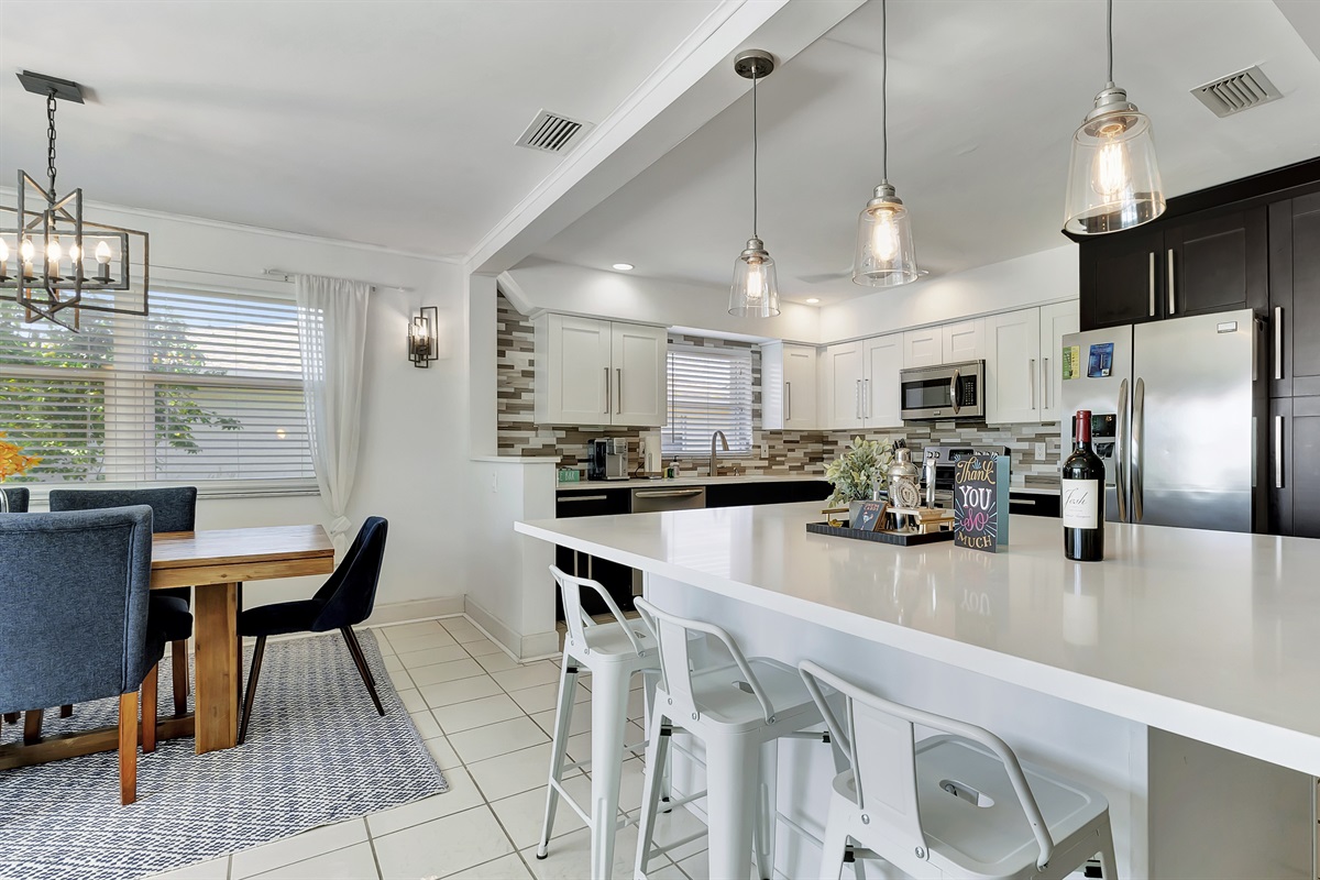 We love the lamps in the kitchen for an extra modern touch