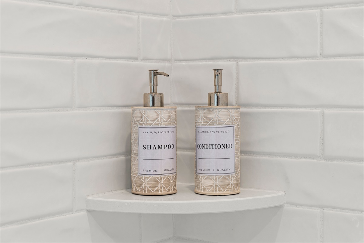 Thoughtful amenities include shampoo and conditioner for guests