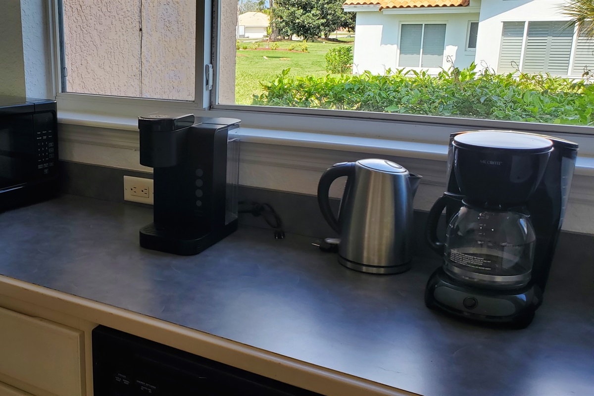 Keurig, Mr. Coffee and hot pot in kitchen