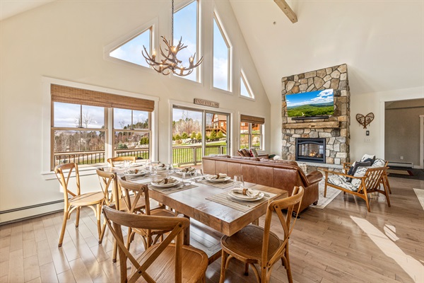 Share laughter and meals in the lodge’s inviting dining space.