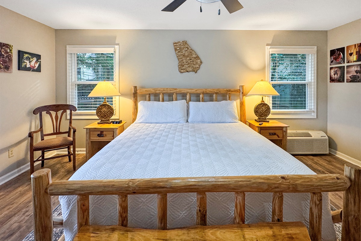 End your day here—soft linens, warm wood accents, and a quiet mountain setting designed for deep, restful sleep.