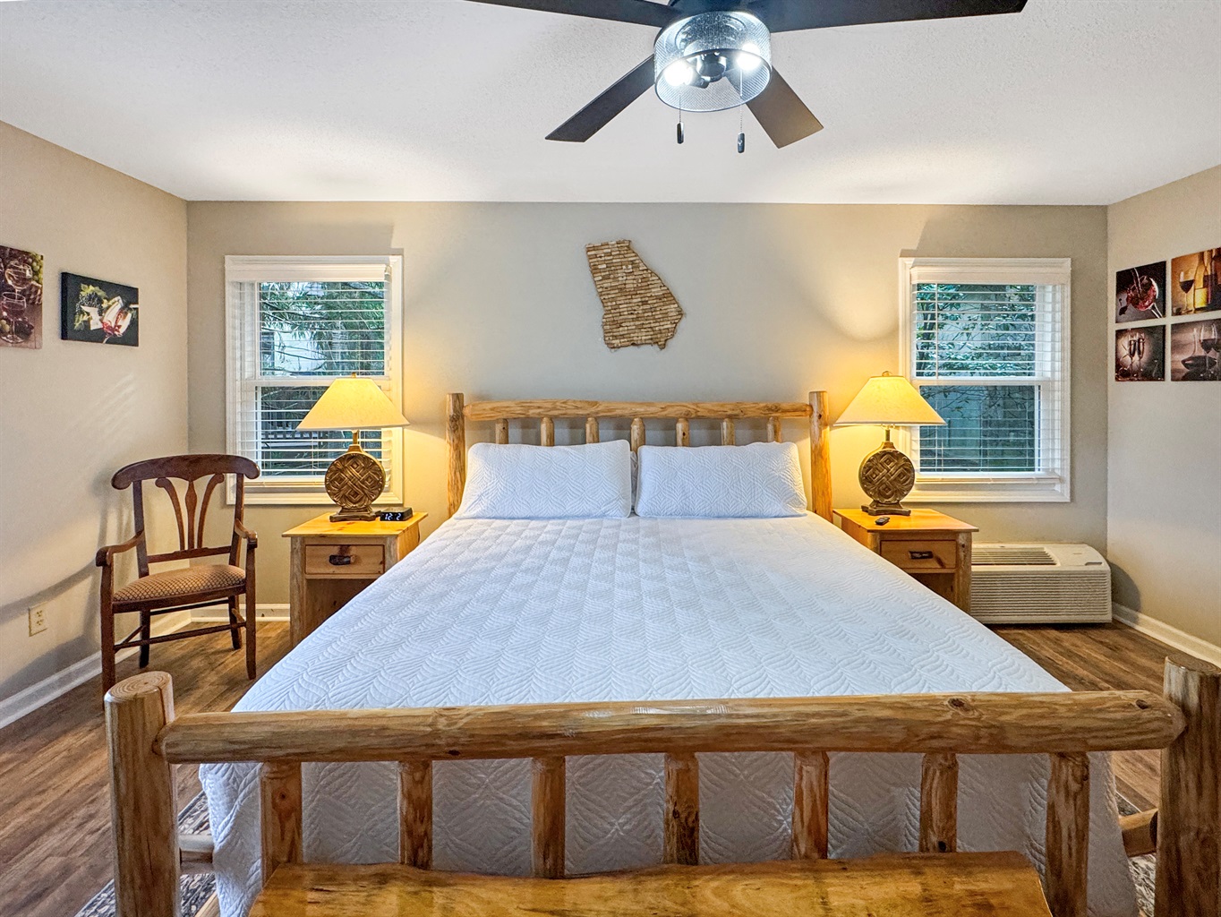 End your day here—soft linens, warm wood accents, and a quiet mountain setting designed for deep, restful sleep.