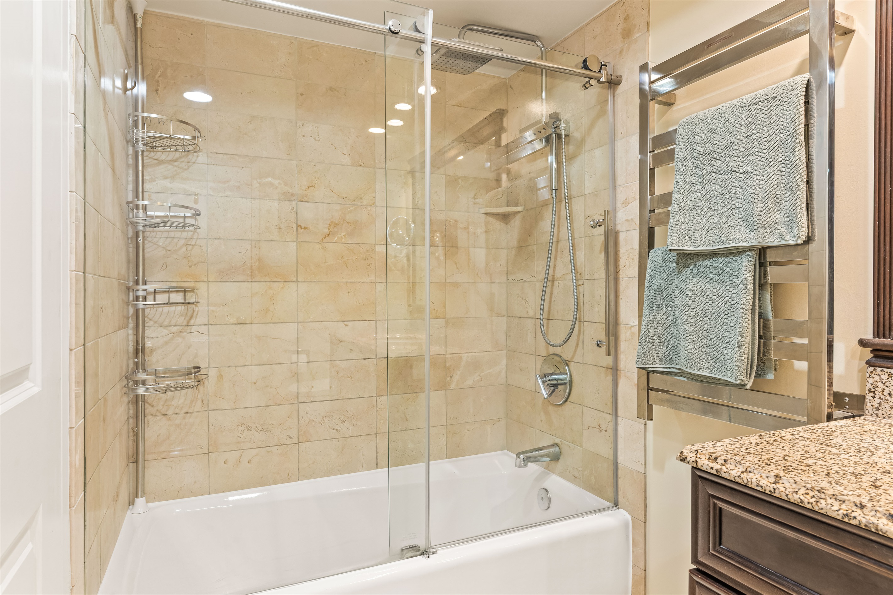 Rainfall shower and heated towel rack