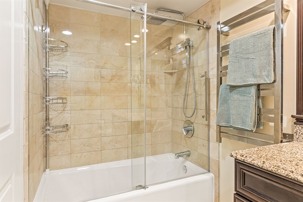 Rainfall shower and heated towel rack