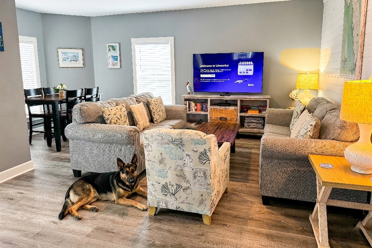 Comfortable living room with 65" flat screen TV. Plenty of viewing space on the two sofas, pub table, and from the dining area. Enough space for everyone, including your furry companion.