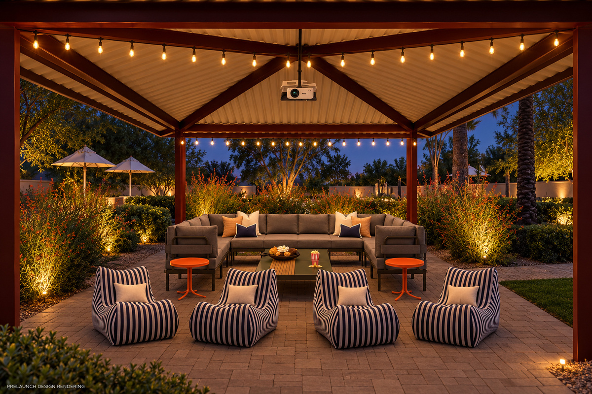 {Outdoor Movie Theater} A true dive-in movie experience — watch the 120" projector screen from the covered pergola or float in the pool while your favorite movie plays under the desert sky.