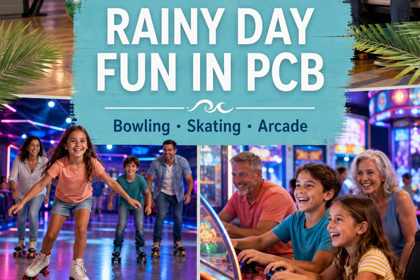 AI-created indoor-fun illustration: bowling, roller skating and arcade outings, including Rock'it Lanes in PCB. Not a photo of the venue. Admission extra.