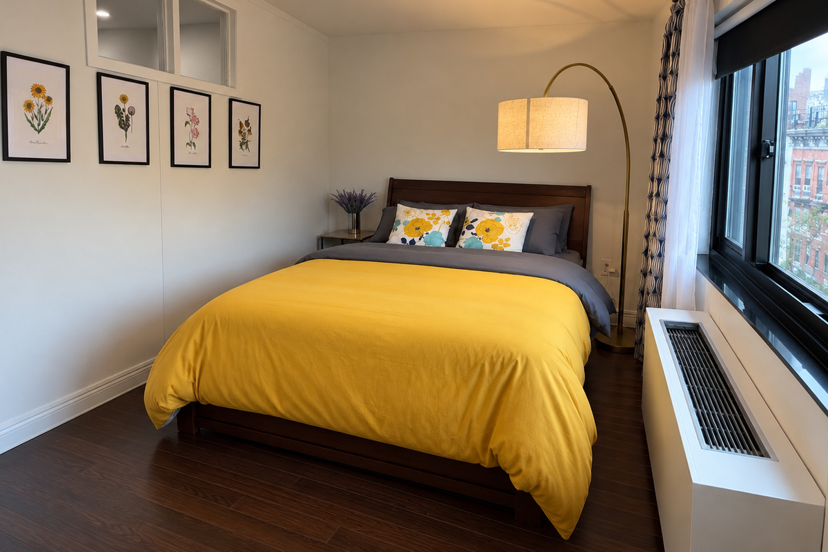 Second bedroom with yellow bedding, gallery wall, and bright lighting — Little Italy 2-bedroom NYC rental near Little Italy and Chinatown