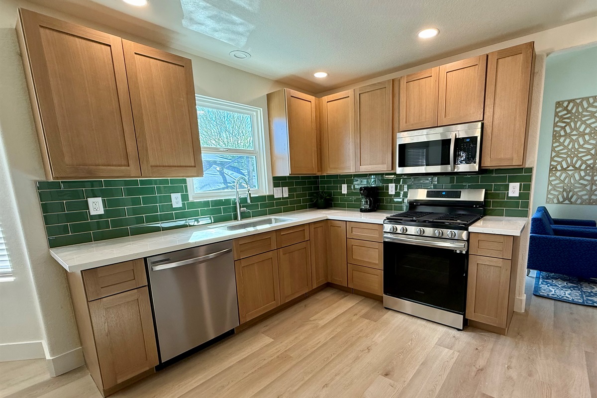 Just-remodeled, well-stocked kitchen. Ground coffee is provided for drip coffee maker.