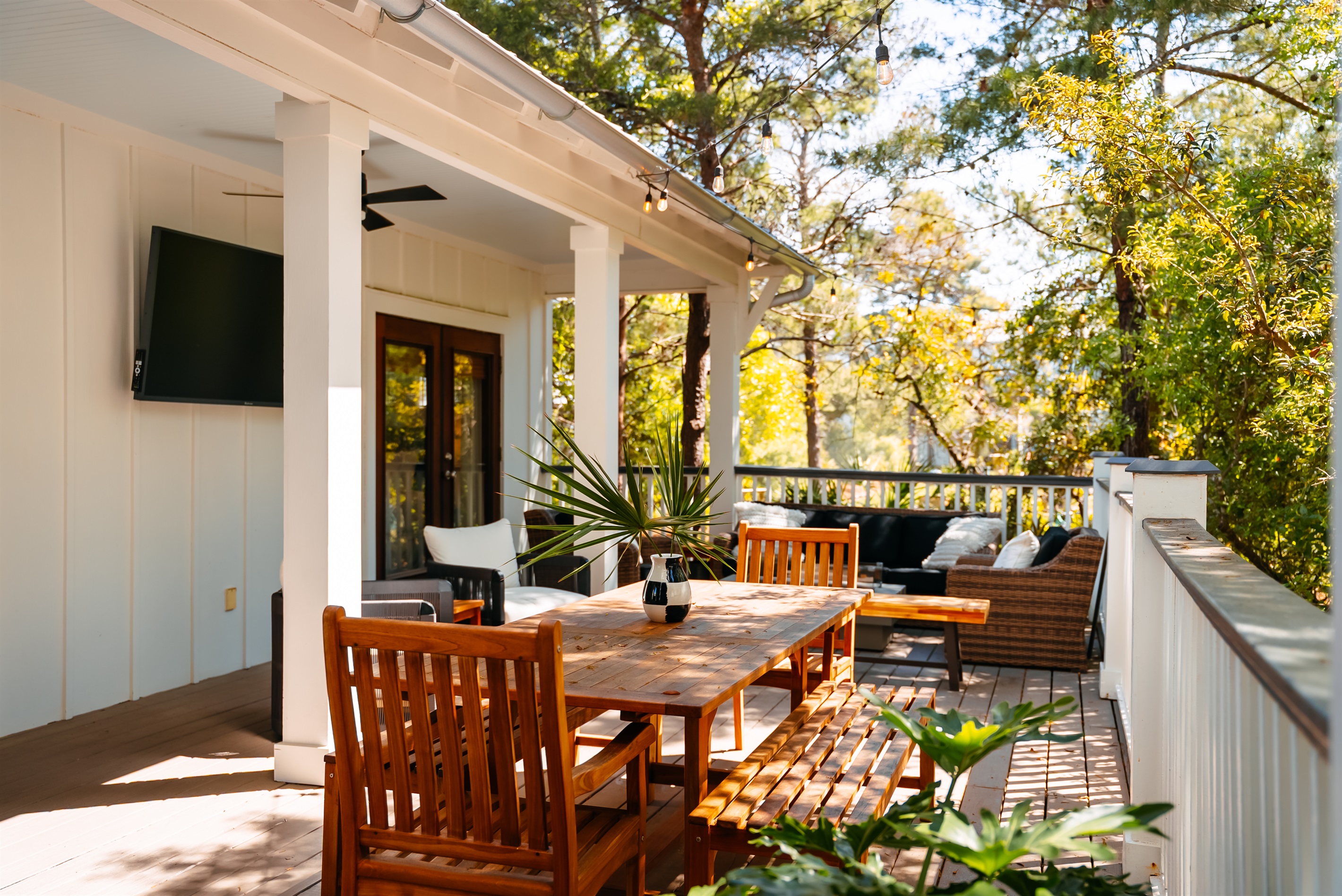The large back deck is where the group naturally ends up. Coffee in the morning, cold drinks in the afternoon, stories and tv after dinner.

