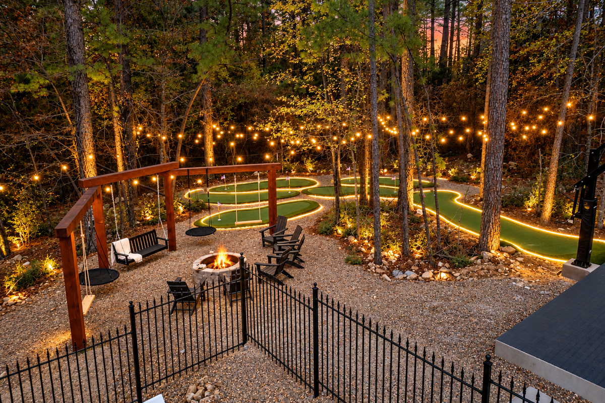 Between the cozy fire pit, custom swing set with 2 wooden swings, 2 saucer swings & a bench swing + a 6-hole mini golf course that GLOWS at night, this backyard is your ultimate memory maker.✨