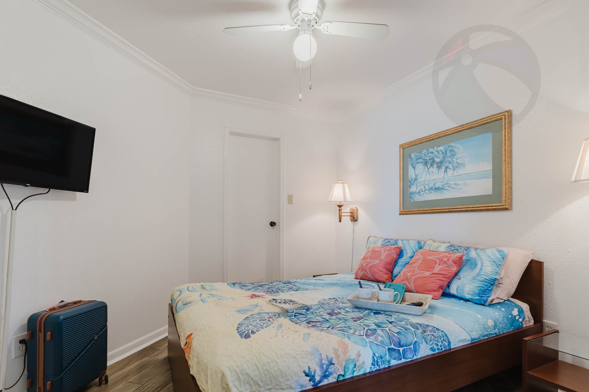 The private bedroom has a queen bed and closet for your belongings