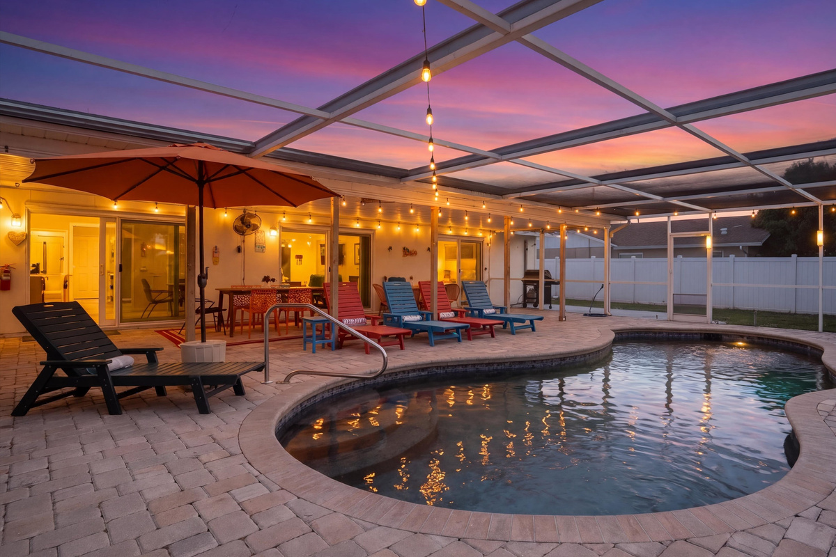 Private pool offers a relaxing evening retreat beneath the glowing Florida sunset.