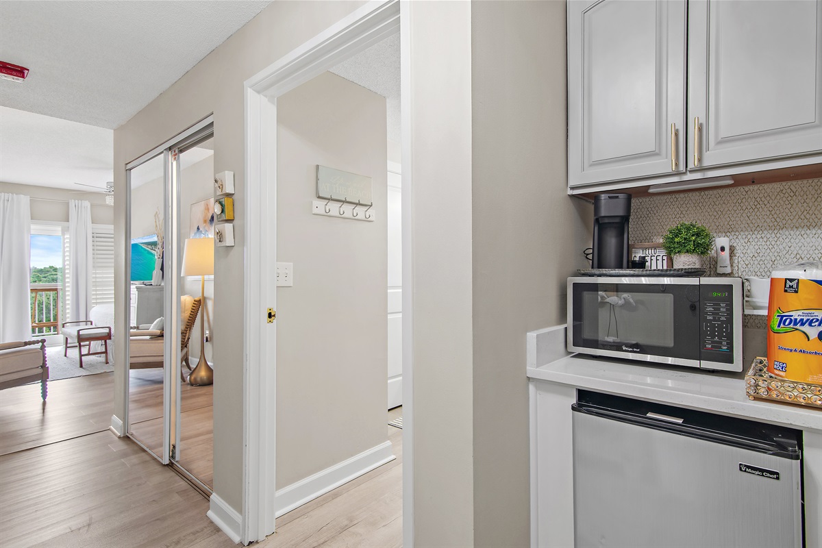 Tops'l Summit 405A's Kitchenette with Microwave, Toaster, Mini-fridge, coffee bar, and more! 