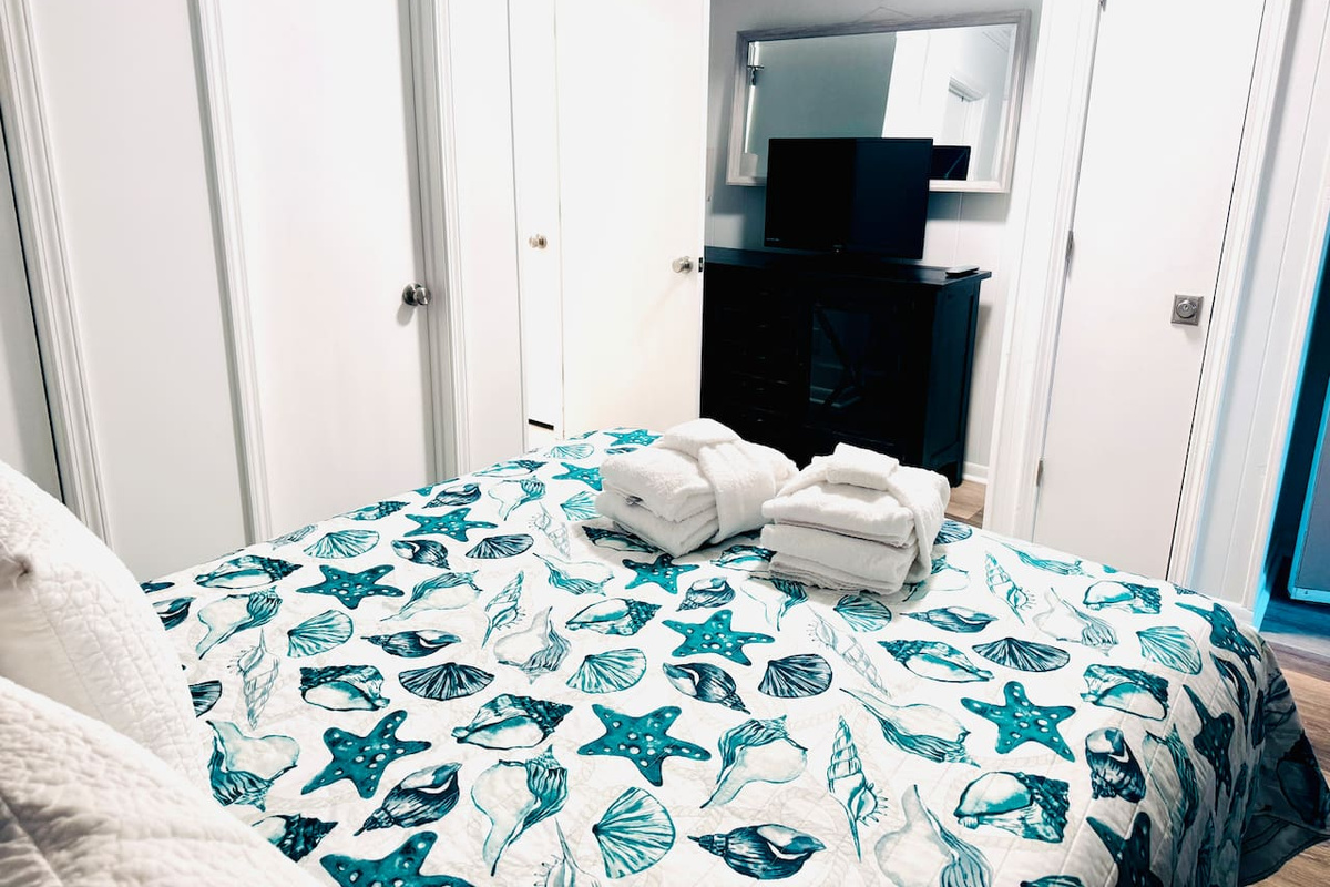 Bedroom with TV and closet