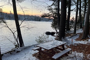 A view of the dock during early winter on Toddy Pond, Maine