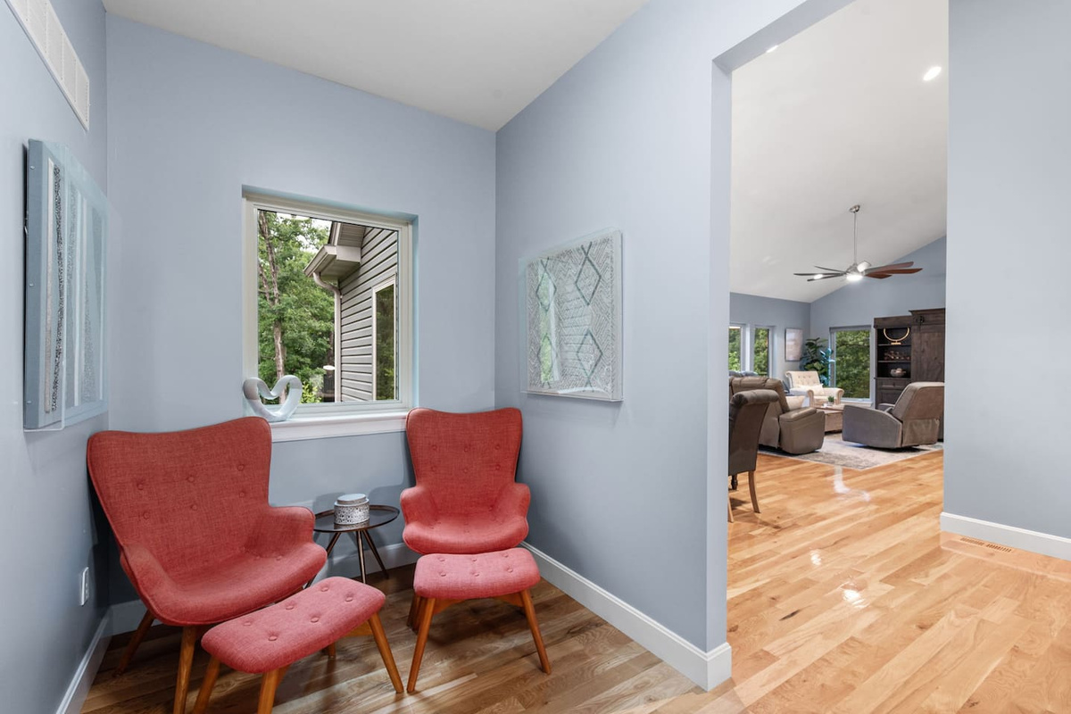 This seating area is just off the dining room. Across from it is the desk and the computer. To the left is Bedroom Two