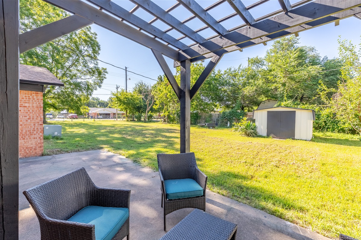 Relax under the stars on the patio with a propane fire pit and seating for four.
