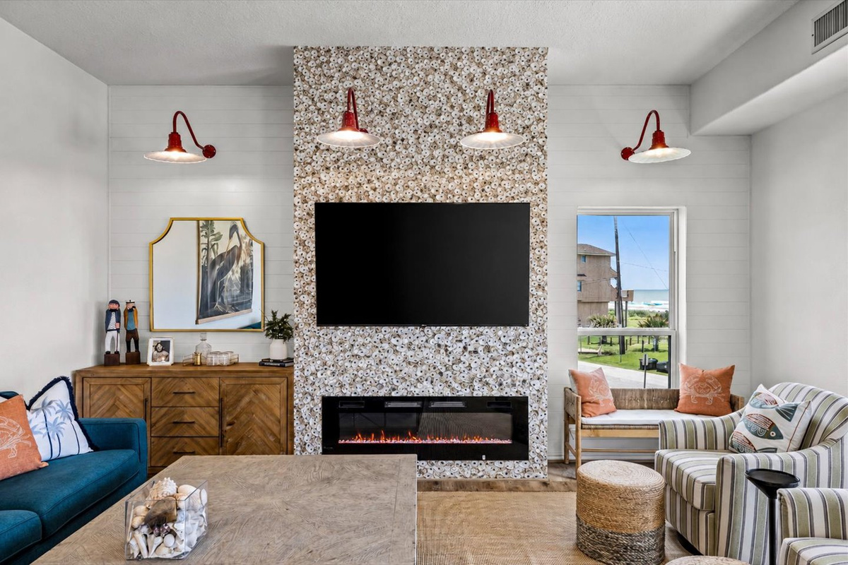 Fireplace wall is being worked on daily - massive project reveal is coming! **This fireplace wall looks finished by AI** but it is being worked on a little bit at a time - this art wall takes time and way longer than we thought. 