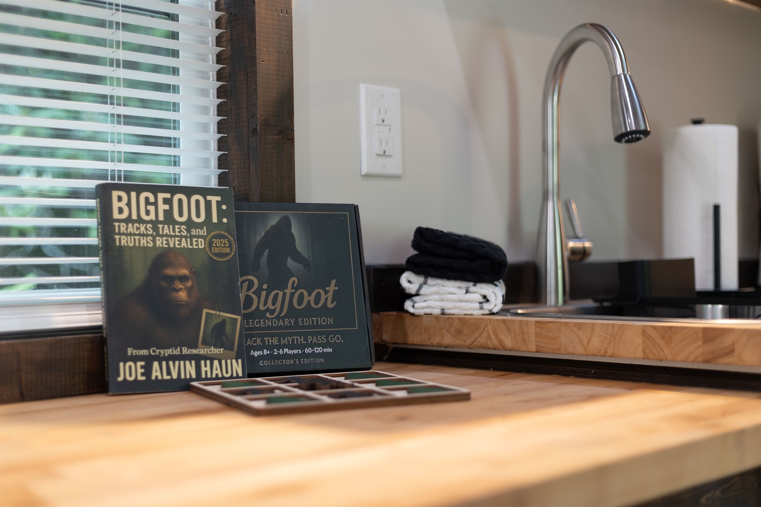 Bigfoot-themed touches throughout the bungalow make this tiny home stay extra fun and memorable.