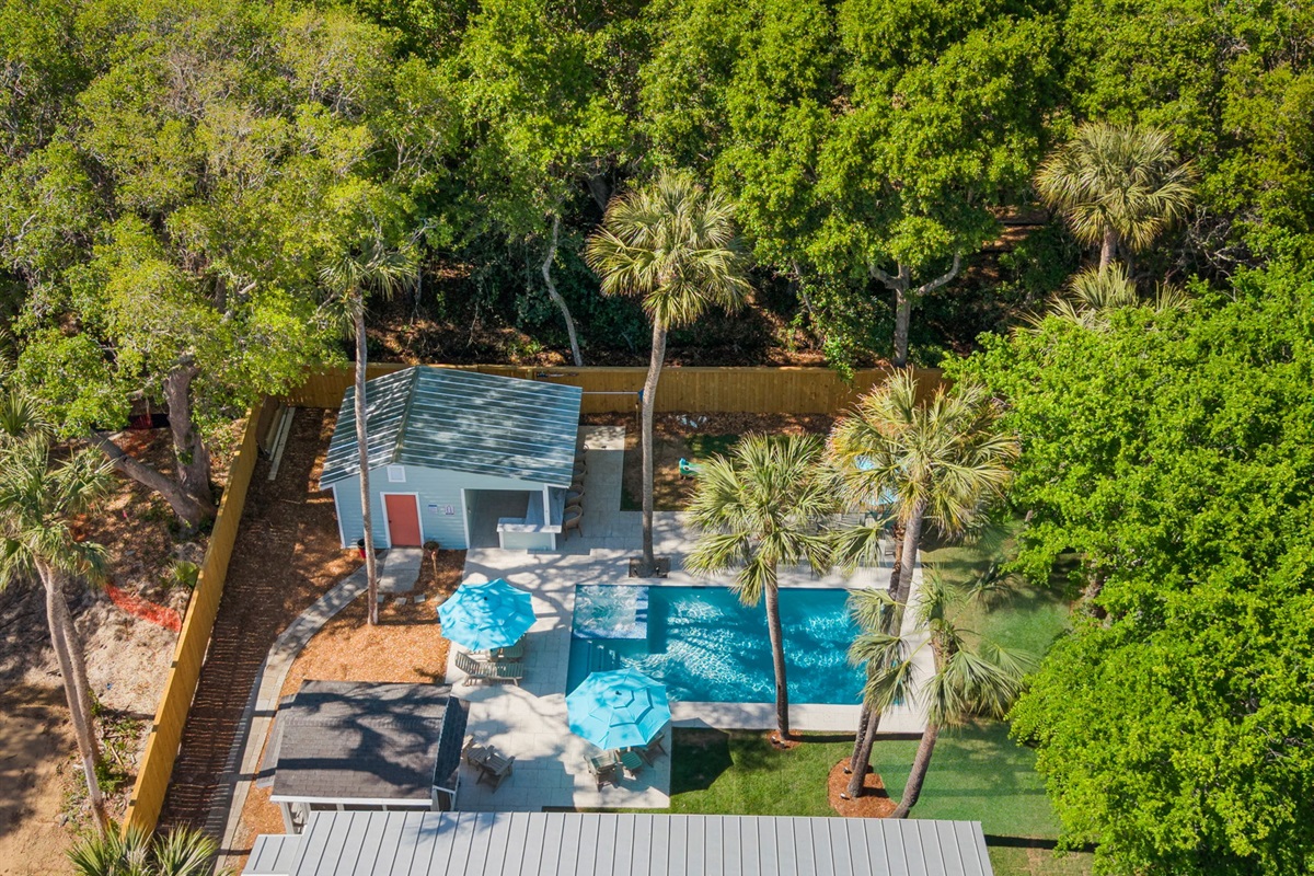 Backyard Aerial | IOP Escapes Beach Blessing | 3705 Hartnett Blvd, Isle of Palms, SC