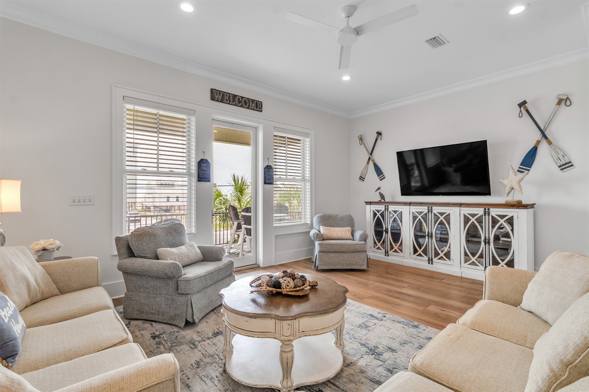 Stunning living room with a gorgeous view. Updated photo.