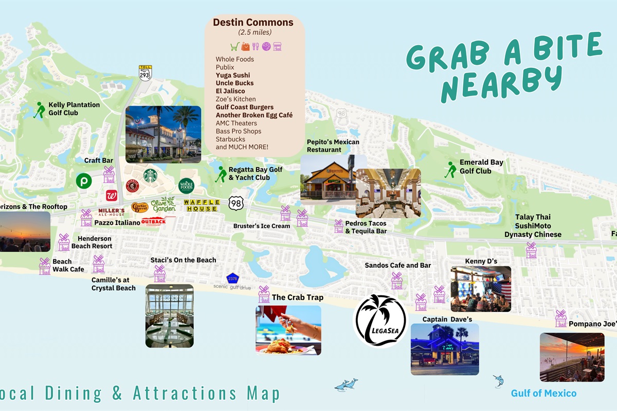 MANY restaurants are nearby including: Sandos Beachside, Captain Dave's on the Gulf, Kenny D's, The Crab Trap, and Destin Commons is ~2 miles away - Great Location!