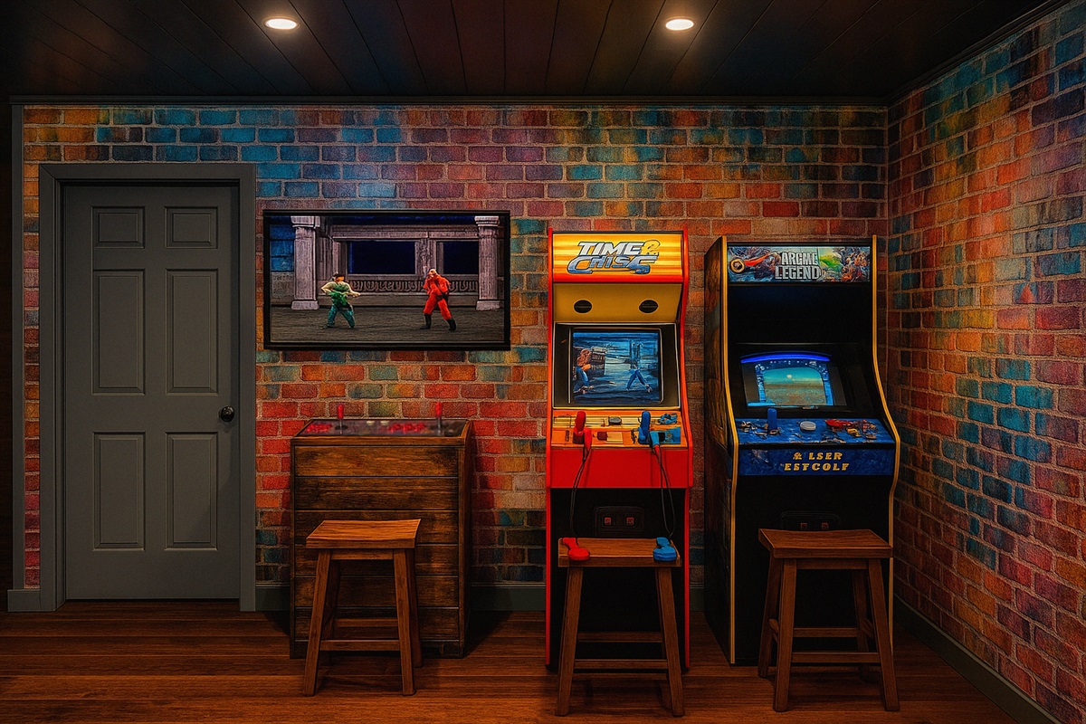 Pandora's Box Arcade with 1200 games. Everything from Mortal Kombat to Super Mario (you name it, its likely on this system). Time Crisis shoot out, and an 80s classic arcade
