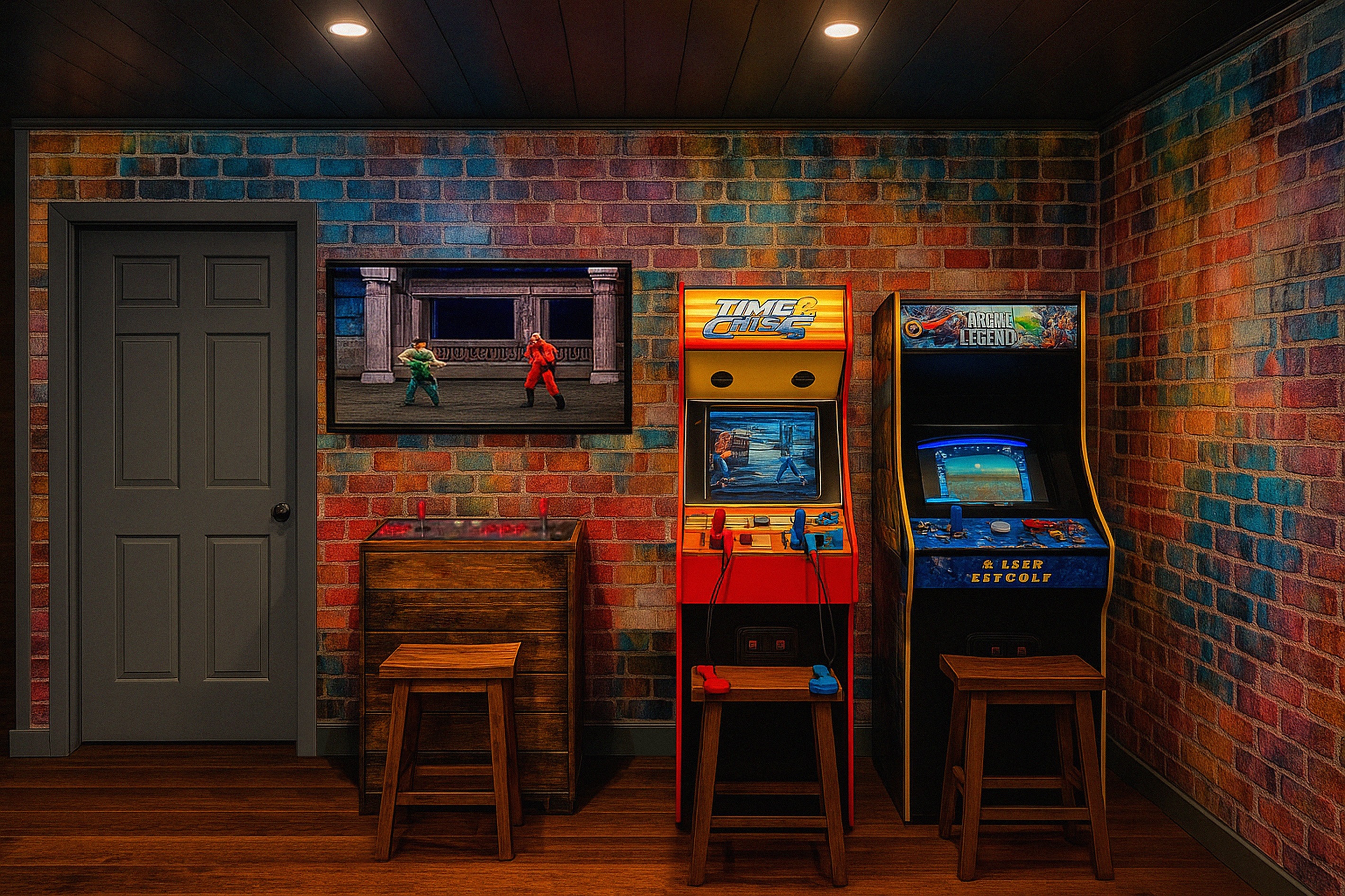 Pandora's Box Arcade with 1200 games. Everything from Mortal Kombat to Super Mario (you name it, its likely on this system). Time Crisis shoot out, and an 80s classic arcade