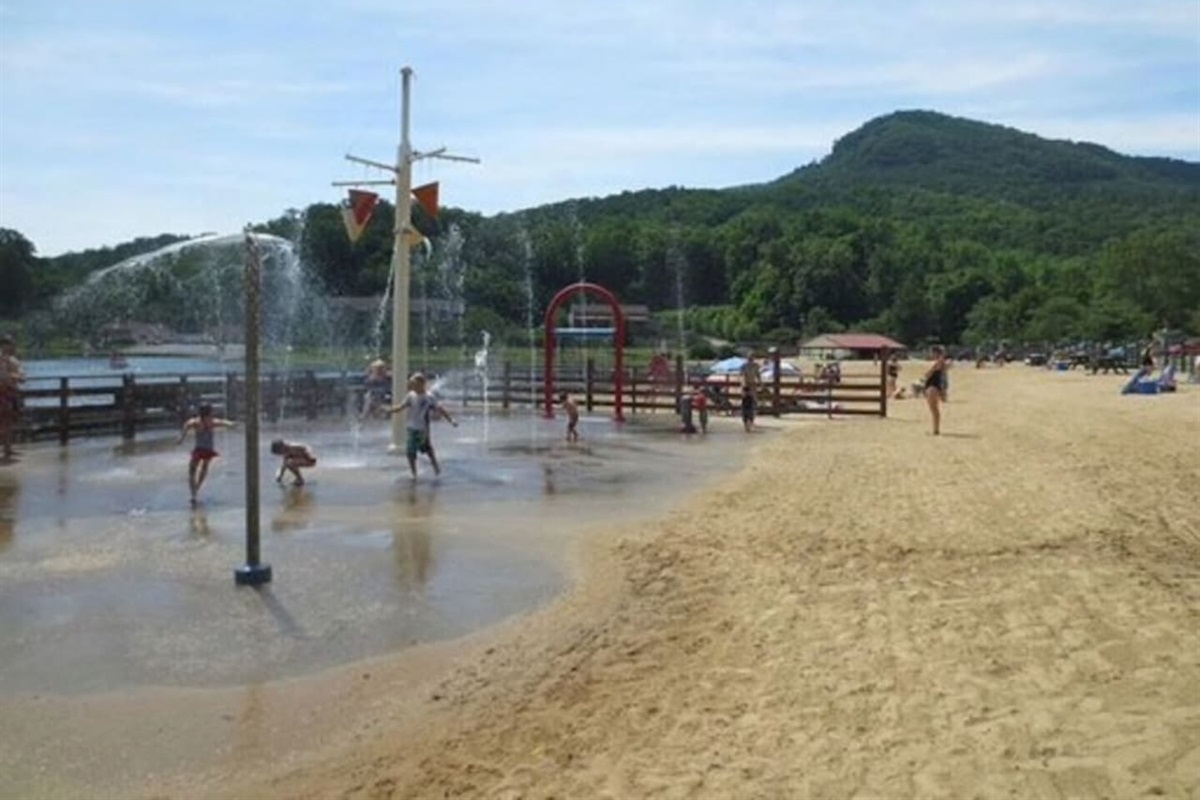 Lake Lure public beach includes waterslides and beach amenities

