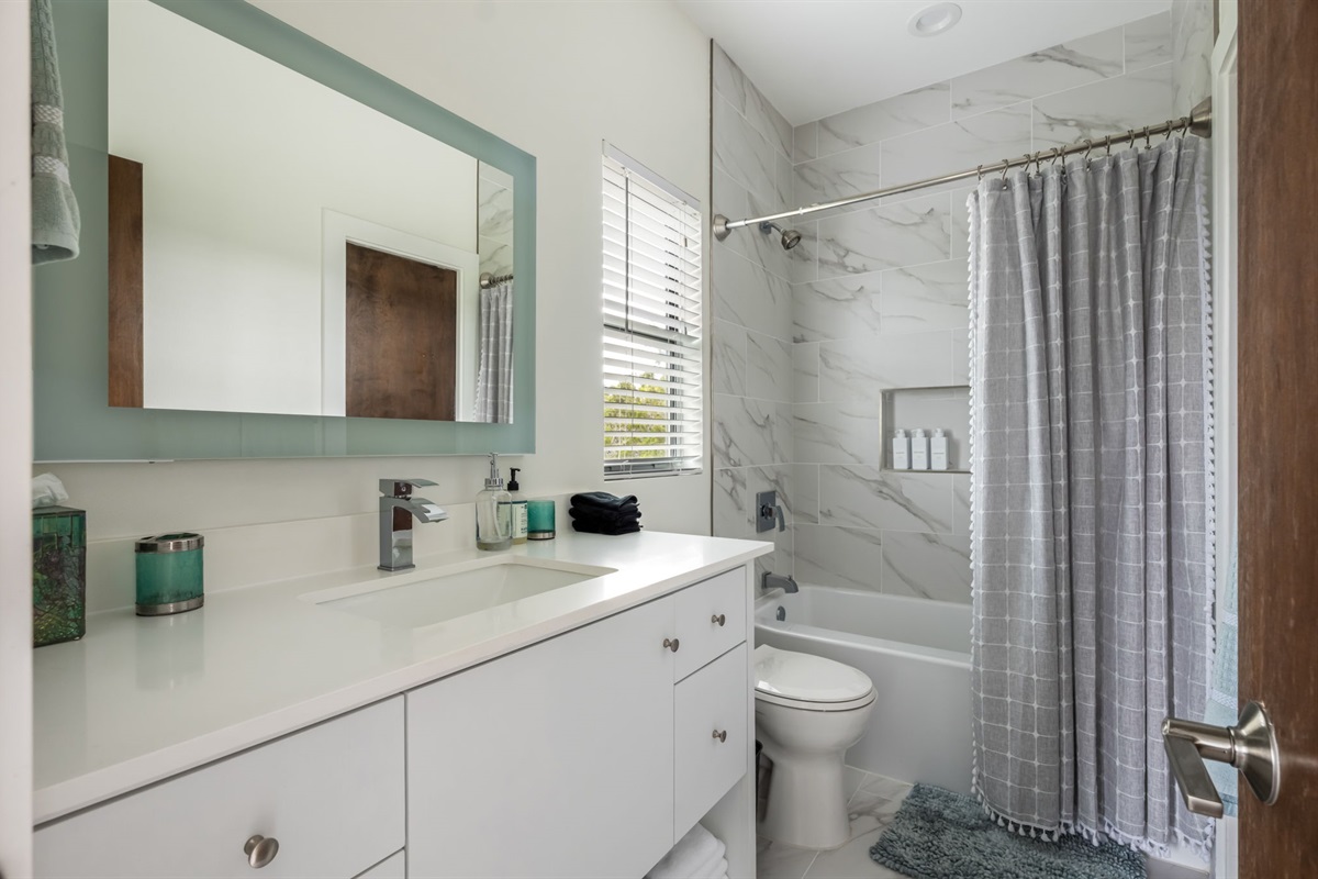 Bright full bathroom with tub/shower combo and modern vanity